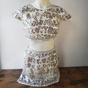 Silver Pink Sparkly Sequin Letter Mesh Skirt Crop Top Set